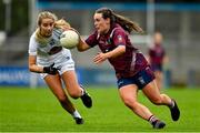 15 August 2021; Lucy McCartan of Westmeath in action against Ciara Wheeler of Kildare during the TG4 All-Ireland Senior Ladies Football Championship Semi-Final match between Kildare and Westmeath at Parnell Park in Dublin. Photo by Brendan Moran/Sportsfile