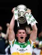 15 August 2021; Offaly team captain Kieran Dolan lifts the cup after the 2021 Eirgrid GAA Football All-Ireland U20 Championship Final match between Roscommon and Offaly at Croke Park in Dublin. Photo by Stephen McCarthy/Sportsfile