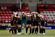 15 August 2021; The Dundalk team huddle before the SSE Airtricity League Premier Division match between Derry City and Dundalk at Ryan McBride Brandywell Stadium in Derry. Photo by Ben McShane/Sportsfile