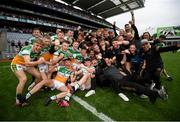 15 August 2021; Offaly players and management celebrate following the 2021 Eirgrid GAA Football All-Ireland U20 Championship Final match between Roscommon and Offaly at Croke Park in Dublin. Photo by Stephen McCarthy/Sportsfile