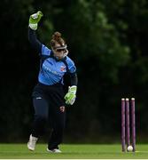 15 August 2021; Mary Waldron of Typhoons celebrates the wicket of Lara Maritz of Scorchers during the Arachas Super Series 2021 Super 20 round 5 match between Typhoons and Scorchers at North Kildare Cricket Club in Kilcock, Kildare. Photo by Ramsey Cardy/Sportsfile