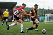 15 August 2021; Michael Duffy of Dundalk in action against Eoin Toal of Derry City during the SSE Airtricity League Premier Division match between Derry City and Dundalk at Ryan McBride Brandywell Stadium in Derry. Photo by Ben McShane/Sportsfile
