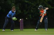 15 August 2021; Maria Kerrison of Scorchers is bowled out by Laura Delany of Typhoons during the Arachas Super Series 2021 Super 20 round 5 match between Typhoons and Scorchers at North Kildare Cricket Club in Kilcock, Kildare. Photo by Ramsey Cardy/Sportsfile
