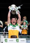 15 August 2021; Offaly team captain Kieran Dolan lifts the cup after the 2021 Eirgrid GAA Football All-Ireland U20 Championship Final match between Roscommon and Offaly at Croke Park in Dublin. Photo by Stephen McCarthy/Sportsfile