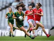 15 August 2021; Emma Duggan of Meath in action against Méabh Cahalane of Cork during the TG4 All-Ireland Senior Ladies Football Championship Semi-Final match between Cork and Meath at Croke Park in Dublin. Photo by Stephen McCarthy/Sportsfile