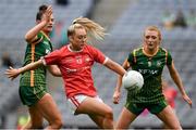 15 August 2021; Sadhbh O'Leary of Cork in action against Hannah Looney, left, Máire O'Shaughnessy of Cork during the TG4 All-Ireland Senior Ladies Football Championship Semi-Final match between Cork and Meath at Croke Park in Dublin. Photo by Ray McManus/Sportsfile