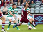 15 August 2021; Aaron Greene of Shamrock Rovers in action against Joe Redmond of Drogheda United during the SSE Airtricity League Premier Division match between Drogheda United and Shamrock Rovers at Head in the Game Park in Drogheda, Louth. Photo by Michael P Ryan/Sportsfile