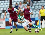 15 August 2021; Graham Burke of Shamrock Rovers in action against Jake Hyland and Gary Deegan of Drogheda United during the SSE Airtricity League Premier Division match between Drogheda United and Shamrock Rovers at Head in the Game Park in Drogheda, Louth. Photo by Michael P Ryan/Sportsfile