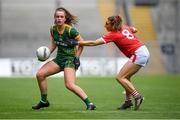 15 August 2021; Emma Duggan of Meath in action against Ashling Hutchings of Cork during the TG4 All-Ireland Senior Ladies Football Championship Semi-Final match between Cork and Meath at Croke Park in Dublin. Photo by Stephen McCarthy/Sportsfile