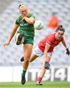 15 August 2021; Vikki Wall of Meath in action against Hannah Looney of Cork during the TG4 All-Ireland Senior Ladies Football Championship Semi-Final match between Cork and Meath at Croke Park in Dublin. Photo by Stephen McCarthy/Sportsfile