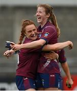 15 August 2021; Sarah Dillon, left, and Anna Jones of Westmeath celebrate after the TG4 All-Ireland Senior Ladies Football Championship Semi-Final match between Kildare and Westmeath at Parnell Park in Dublin. Photo by Brendan Moran/Sportsfile