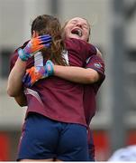 15 August 2021; Anna Jones, right, and Lucy McCartan of Westmeath celebrate at the final whistle of the TG4 All-Ireland Senior Ladies Football Championship Semi-Final match between Kildare and Westmeath at Parnell Park in Dublin. Photo by Brendan Moran/Sportsfile