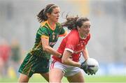 15 August 2021; Áine O'Sullivan of Cork in action against Niamh O'Sullivan of Meath during the TG4 All-Ireland Senior Ladies Football Championship Semi-Final match between Cork and Meath at Croke Park in Dublin. Photo by Stephen McCarthy/Sportsfile