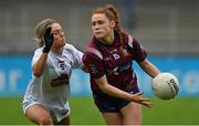 15 August 2021; Sarah Dillon of Westmeath in action against Lauren Murtagh of Kildare during the TG4 All-Ireland Senior Ladies Football Championship Semi-Final match between Kildare and Westmeath at Parnell Park in Dublin. Photo by Brendan Moran/Sportsfile