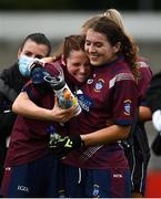 15 August 2021; Tracey Dillon, left, and Vicky Carr of Westmeath celebrate after the TG4 All-Ireland Senior Ladies Football Championship Semi-Final match between Kildare and Westmeath at Parnell Park in Dublin. Photo by Brendan Moran/Sportsfile