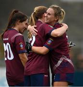 15 August 2021; Fiona Claffey, right, and Anna Jones of Westmeath celebrate after the TG4 All-Ireland Senior Ladies Football Championship Semi-Final match between Kildare and Westmeath at Parnell Park in Dublin. Photo by Brendan Moran/Sportsfile