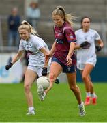 15 August 2021; Jo-hanna Maher of Westmeath in action against Hazel McLoughlin of Kildare during the TG4 All-Ireland Senior Ladies Football Championship Semi-Final match between Kildare and Westmeath at Parnell Park in Dublin. Photo by Brendan Moran/Sportsfile