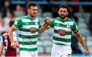 15 August 2021; Aaron Greene of Shamrock Rovers, left, celebrates after scoring his side's first goal with team-mate Roberto Lopes of Shamrock Rovers during the SSE Airtricity League Premier Division match between Drogheda United and Shamrock Rovers at Head in the Game Park in Drogheda, Louth. Photo by Michael P Ryan/Sportsfile