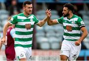15 August 2021; Aaron Greene of Shamrock Rovers, left, celebrates after scoring his side's first goal with team-mate Roberto Lopes during the SSE Airtricity League Premier Division match between Drogheda United and Shamrock Rovers at Head in the Game Park in Drogheda, Louth. Photo by Michael P Ryan/Sportsfile