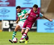 15 August 2021; Dinny Corcoran of Drogheda United in action against Roberto Lopes of Shamrock Rovers during the SSE Airtricity League Premier Division match between Drogheda United and Shamrock Rovers at Head in the Game Park in Drogheda, Louth. Photo by Michael P Ryan/Sportsfile