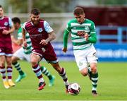 15 August 2021; Dylan Watts of Shamrock Rovers in action against Gary Deegan of Drogheda United during the SSE Airtricity League Premier Division match between Drogheda United and Shamrock Rovers at Head in the Game Park in Drogheda, Louth. Photo by Michael P Ryan/Sportsfile