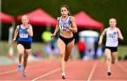 15 August 2021; Kate Doherty of Dundrum South Dublin AC, centre, on her way to winning the Women's 100m during the Irish Life Health National League Final at Tullamore Harriers Stadium in Tullamore, Offaly. Photo by Sam Barnes/Sportsfile