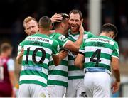 15 August 2021; Aaron Greene of Shamrock Rovers, third from left, celebrates after scoring his side's first goal with team-mates during the SSE Airtricity League Premier Division match between Drogheda United and Shamrock Rovers at Head in the Game Park in Drogheda, Louth. Photo by Michael P Ryan/Sportsfile