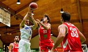 15 August 2021; Davide Macina of San Marino in action against Michael Charles Rodriguez of Gibraltar during the FIBA Men’s European Championship for Small Countries day five match between San Marino and Gibraltar at National Basketball Arena in Tallaght, Dublin. Photo by Eóin Noonan/Sportsfile