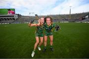 15 August 2021; Aoibhín Cleary, left, and Emma Duggan of Meath celebrate following the TG4 All-Ireland Senior Ladies Football Championship Semi-Final match between Cork and Meath at Croke Park in Dublin. Photo by Stephen McCarthy/Sportsfile