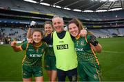15 August 2021; Meath manager Eamonn Murray celebrates with players, from left, Emma Troy, Niamh O'Sullivan and Shauna Ennis following the TG4 All-Ireland Senior Ladies Football Championship Semi-Final match between Cork and Meath at Croke Park in Dublin. Photo by Stephen McCarthy/Sportsfile