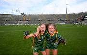 15 August 2021; Aoibhín Cleary, left, and Emma Duggan of Meath celebrate following the TG4 All-Ireland Senior Ladies Football Championship Semi-Final match between Cork and Meath at Croke Park in Dublin. Photo by Stephen McCarthy/Sportsfile