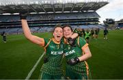 15 August 2021; Máire O'Shaughnessy, left, and Shelly Melia of Meath celebrate following the TG4 All-Ireland Senior Ladies Football Championship Semi-Final match between Cork and Meath at Croke Park in Dublin. Photo by Stephen McCarthy/Sportsfile