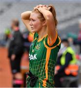 15 August 2021; Aoibheann Leahy of Meath watches the closing seconds of the TG4 All-Ireland Senior Ladies Football Championship Semi-Final match between Cork and Meath at Croke Park in Dublin. Photo by Ray McManus/Sportsfile
