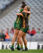 15 August 2021; Meath's Máire O'Shaughnessy, left, and goalkeeper Monica McGuirk celebrate following the TG4 All-Ireland Senior Ladies Football Championship Semi-Final match between Cork and Meath at Croke Park in Dublin. Photo by Stephen McCarthy/Sportsfile
