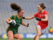 15 August 2021; Emma Duggan of Meath in action against Méabh Cahalane of Cork during the TG4 All-Ireland Senior Ladies Football Championship Semi-Final match between Cork and Meath at Croke Park in Dublin. Photo by Ray McManus/Sportsfile