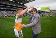 15 August 2021; Chairman of the Offaly County Board Michael Duignan celebrates with Jack Bryant following the 2021 Eirgrid GAA Football All-Ireland U20 Championship Final match between Roscommon and Offaly at Croke Park in Dublin. Photo by Stephen McCarthy/Sportsfile