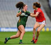 15 August 2021; Emma Duggan of Meath in action against Méabh Cahalane of Cork during the TG4 All-Ireland Senior Ladies Football Championship Semi-Final match between Cork and Meath at Croke Park in Dublin. Photo by Ray McManus/Sportsfile
