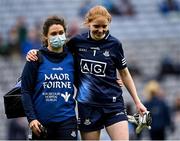 14 August 2021; Dublin team doctor Noëlle Healy celebrates with Dublin goalkeeper Ciara Trant after their side's victory in the TG4 Ladies Football All-Ireland Championship semi-final match between Dublin and Mayo at Croke Park in Dublin. Photo by Piaras Ó Mídheach/Sportsfile