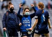 14 August 2021; Dublin team doctor Noëlle Healy, centre, celebrates with Dublin goalkeeper Ciara Trant and mentor Elaine Kelly after their side's victory in the TG4 Ladies Football All-Ireland Championship semi-final match between Dublin and Mayo at Croke Park in Dublin. Photo by Piaras Ó Mídheach/Sportsfile