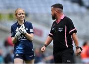 14 August 2021; Dublin goalkeeper Ciara Trant in conversation with referee Séamus Mulvihill after her side's victory in the TG4 Ladies Football All-Ireland Championship semi-final match between Dublin and Mayo at Croke Park in Dublin. Photo by Piaras Ó Mídheach/Sportsfile