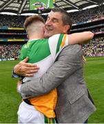 15 August 2021; Chairman of the Offaly County Board Michael Duignan celebrates with Aaron Brazil after the 2021 Eirgrid GAA Football All-Ireland U20 Championship Final match between Roscommon and Offaly at Croke Park in Dublin. Photo by Ray McManus/Sportsfile