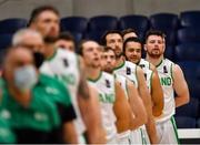 15 August 2021; Jordan Blount of Ireland during the National Anthem prior to the FIBA Men’s European Championship for Small Countries day five match between Ireland and Malta at National Basketball Arena in Tallaght, Dublin. Photo by Eóin Noonan/Sportsfile