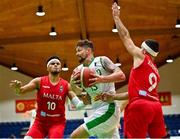15 August 2021; Jason Killeen of Ireland in action against Tevin Falzon, left, and Nathan Xuereb of Malta during the FIBA Men’s European Championship for Small Countries day five match between Ireland and Malta at National Basketball Arena in Tallaght, Dublin. Photo by Eóin Noonan/Sportsfile