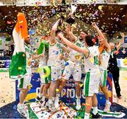 15 August 2021; Ireland captain Jason Killeen celebrates lifting the cup with his team-mates after the FIBA Men’s European Championship for Small Countries day five match between Ireland and Malta at National Basketball Arena in Tallaght, Dublin. Photo by Eóin Noonan/Sportsfile