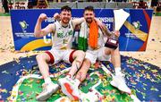 15 August 2021; Jordan Blount, left, and Jason Killeen of Ireland celebrate with the cup after the FIBA Men’s European Championship for Small Countries day five match between Ireland and Malta at National Basketball Arena in Tallaght, Dublin. Photo by Eóin Noonan/Sportsfile