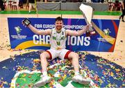 15 August 2021; Jordan Blount of Ireland celebrates with the cup after the FIBA Men’s European Championship for Small Countries day five match between Ireland and Malta at National Basketball Arena in Tallaght, Dublin. Photo by Eóin Noonan/Sportsfile