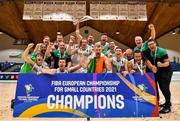 15 August 2021; The Ireland team celebrate with the cup after the FIBA Men’s European Championship for Small Countries day five match between Ireland and Malta at National Basketball Arena in Tallaght, Dublin. Photo by Eóin Noonan/Sportsfile