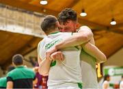 15 August 2021; Jordan Blount, behind, and Kyle Hosford, 8, of Ireland celebrate after the FIBA Men’s European Championship for Small Countries day five match between Ireland and Malta at National Basketball Arena in Tallaght, Dublin. Photo by Eóin Noonan/Sportsfile