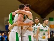 15 August 2021; Jason Killeen, left, and Jordan Blount of Ireland celebrate after the FIBA Men’s European Championship for Small Countries day five match between Ireland and Malta at National Basketball Arena in Tallaght, Dublin. Photo by Eóin Noonan/Sportsfile