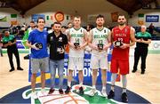 15 August 2021; All Star team, from left, Guillem Colom of Andorra, Miguel Ortega of Gibraltar John Carroll of Ireland Jordan Blount of Ireland and Kurt-Joseph Xuereb of Malta during the FIBA Men’s European Championship for Small Countries day five match between Ireland and Malta at National Basketball Arena in Tallaght, Dublin. Photo by Eóin Noonan/Sportsfile